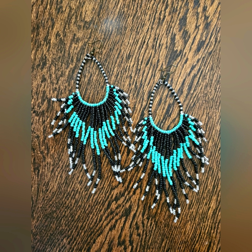 Teal - Black - Clear Fringe Earrings! - Picture 2 of 3